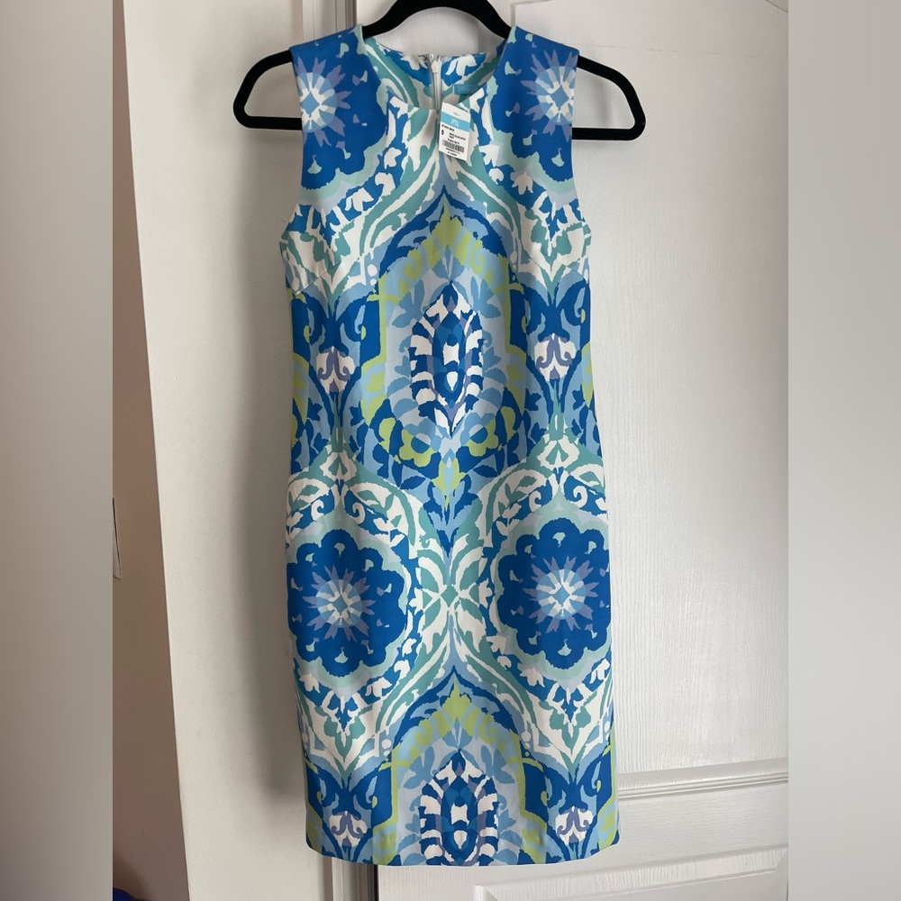J. McLaughlin Blue, Aqua & White Sleeveless Printed Midi Dress
